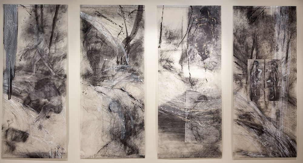 The Four Arms of Kali, Graphite, acrylic, encaustic and lithographic crayon on waxed paper 4 panels: 11’ x13’ 2011 individual panels 11’ x 40”